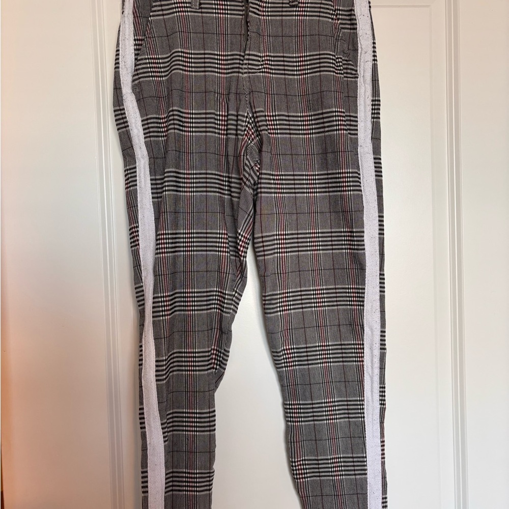 SHEIN Gray Plaid Men’s Track Pants with White Side Stripes